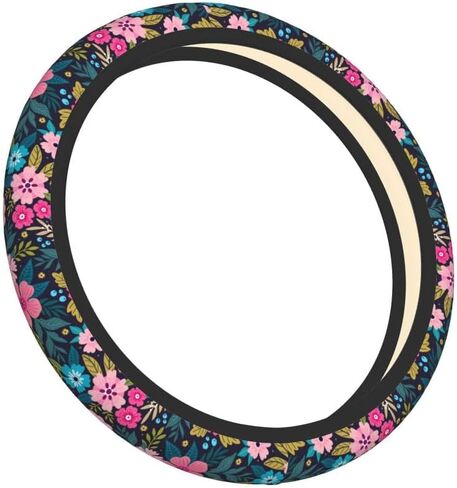 Colorful Floral Flowers and Leaves on Blue Steering Wheel Covers, Breathable Anti-Slip Sweat Absorption Universal 15" Car Wheel Cover Accessories for Men Women Fit for Sedans,Suvs,Cars,Trucks in Saudi Arabia