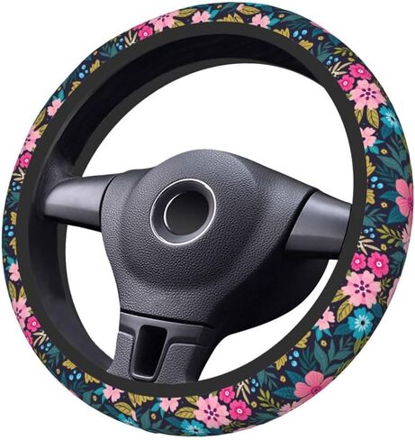Colorful Floral Flowers and Leaves on Blue Steering Wheel Covers, Breathable Anti-Slip Sweat Absorption Universal 15" Car Wheel Cover Accessories for Men Women Fit for Sedans,Suvs,Cars,Trucks in Saudi Arabia