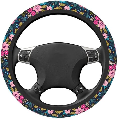 Colorful Floral Flowers and Leaves on Blue Steering Wheel Covers, Breathable Anti-Slip Sweat Absorption Universal 15" Car Wheel Cover Accessories for Men Women Fit for Sedans,Suvs,Cars,Trucks in Saudi Arabia