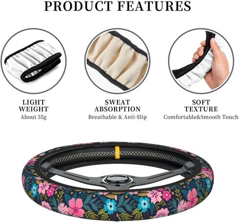 Colorful Floral Flowers and Leaves on Blue Steering Wheel Covers, Breathable Anti-Slip Sweat Absorption Universal 15" Car Wheel Cover Accessories for Men Women Fit for Sedans,Suvs,Cars,Trucks in Saudi Arabia