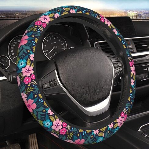 Colorful Floral Flowers and Leaves on Blue Steering Wheel Covers, Breathable Anti-Slip Sweat Absorption Universal 15" Car Wheel Cover Accessories for Men Women Fit for Sedans,Suvs,Cars,Trucks in Saudi Arabia