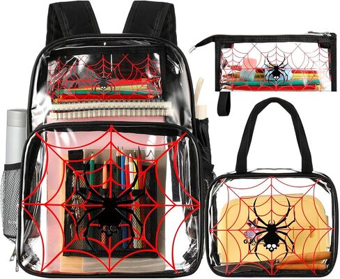 3 Pcs Girls Clear Backpack for Kids Purple Stadium Approved Backpack Transparent Girl Bookbag with Lunch Bag and Pencil Case Set School Bags for Elementary Middle High School(Spider) in Saudi Arabia