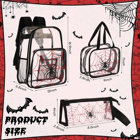 3 Pcs Girls Clear Backpack for Kids Purple Stadium Approved Backpack Transparent Girl Bookbag with Lunch Bag and Pencil Case Set School Bags for Elementary Middle High School(Spider) in Saudi Arabia