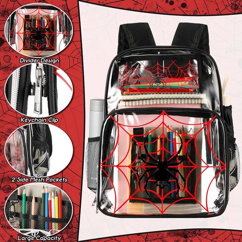 3 Pcs Girls Clear Backpack for Kids Purple Stadium Approved Backpack Transparent Girl Bookbag with Lunch Bag and Pencil Case Set School Bags for Elementary Middle High School(Spider) in Saudi Arabia