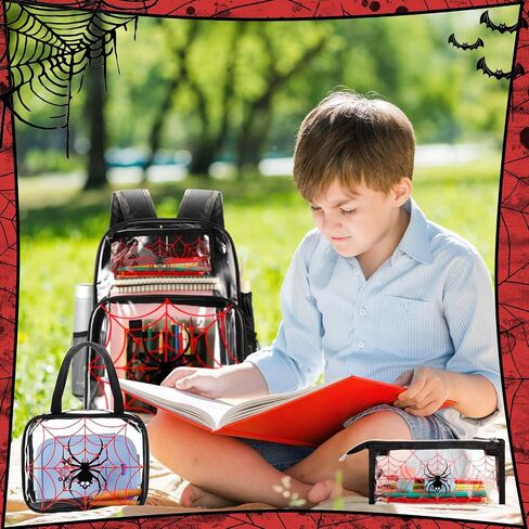 3 Pcs Girls Clear Backpack for Kids Purple Stadium Approved Backpack Transparent Girl Bookbag with Lunch Bag and Pencil Case Set School Bags for Elementary Middle High School(Spider) in Saudi Arabia