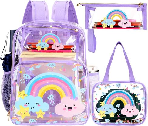 3 Pcs Girls Clear Backpack for Kids Purple Stadium Approved Backpack Transparent Girl Bookbag with Lunch Bag and Pencil Case Set School Bags for Elementary Middle High School(Spider) in Saudi Arabia