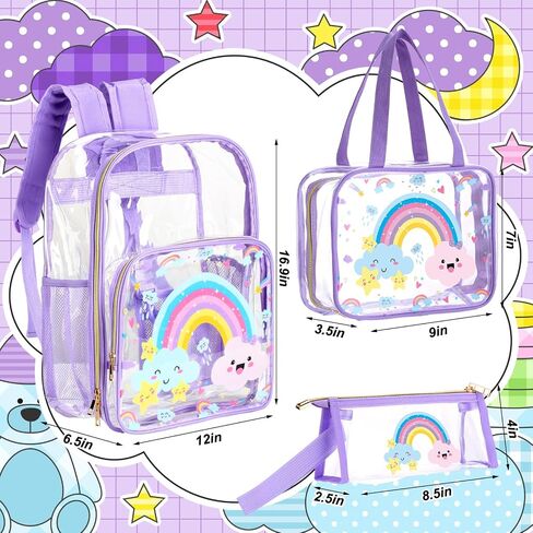 3 Pcs Girls Clear Backpack for Kids Purple Stadium Approved Backpack Transparent Girl Bookbag with Lunch Bag and Pencil Case Set School Bags for Elementary Middle High School(Spider) in Saudi Arabia