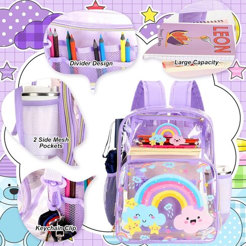 3 Pcs Girls Clear Backpack for Kids Purple Stadium Approved Backpack Transparent Girl Bookbag with Lunch Bag and Pencil Case Set School Bags for Elementary Middle High School(Spider) in Saudi Arabia