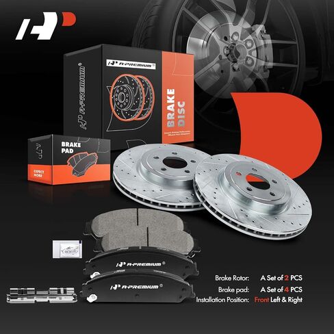 دوارات فرامل قرصية مشقوقة ومثقوبة أمامية مقاس 13.58 بوصة (345 ملم) + مجموعة وسادات سيراميك متوافقة مع موديلات مختارة من كرايسلر ودودج - 300، تشالنجر، تشارجر، ماغنوم، مجموعة مكونة من 6 قطع in Kuwait