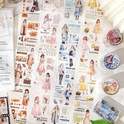 4 لفات من شريط واشي الجمالي مجموعة ملصقات لوازم سجل القصاصات، شريط واشي للحيوانات الأليفة للمناظر الطبيعية للفصول الأربعة لمستلزمات المجلات غير المرغوب فيها، ملصقات شريط واشي عريضة مزخرفة لفتاة كرتونية لسكرابوكينغ in Kuwait