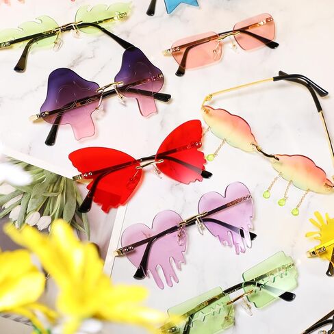 Fiada 16 قطعة نظارات شمسية غير منتظمة بدون إطار مستطيلة على شكل نجمة سحابة لهب فراشة على شكل قلب نظارات ديسكو بدون إطار هدايا الحفلات صور الدعائم للنساء والرجال زي للجنسين in Kuwait