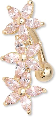 JewelryWeb Curata صلب 14 قيراط ذهبي وردي ماركيز مكعب زركونيا زهرة علوية جبل زر البطن حلقة متدلية (7 مم × 24 مم) in Saudi Arabia