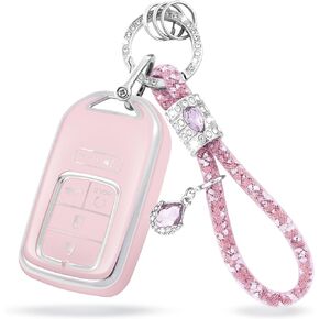 Key Fob Cover With Bling Keychain 5 Buttons Soft TPU Key Fob Protector Compatible with Accord Civic CRV Pilot Odyssey Smart Key Case Shell Protector Women Pink