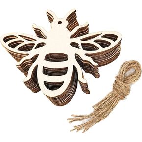 20pcs Bee Wood DIY Crafts Cutouts Wooden Honeybee Shaped Hanging Ornaments with Hole Hemp Ropes Wood Tags for Spring Summer Bee Festival Party Decoration