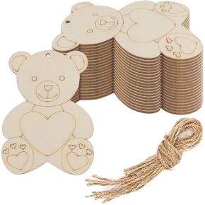 20pcs Bear Wood DIY Crafts Cutouts Wooden Bear Hug Heart Shaped Hanging Ornaments with Hole Hemp Ropes Gift Tags for Baby Shower Wedding Birthday Valentine's Day Party Decorations