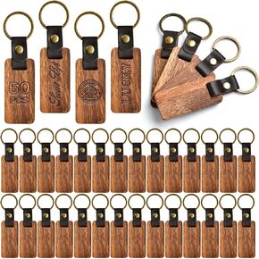 Supkiir 50Pcs Leather Keychain Blanks, Wooden Keychain Blank with Leather Strap, Unfinished Wood Engravable Blank Keychain for Laser Engraving DIY Various Key Tags Craft Gift