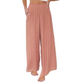 HEZIOWYUN Wide Leg Pants for Women Summer Boho Ruched Elastic Waist Palazzo Pants Loose Flowy Beach Pants with Pockets