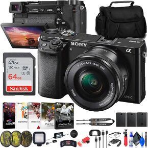 Sony Alpha a6000 Mirrorless Camera with 16-50mm Lens (ILCE6000L/B) + Filter Kit + 64GB Card + 2 x NPF-W50 Battery + Card Reader + LED Light + Corel Photo Software + Case + Flex Tripod + More (Renewed)