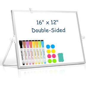 Small White Board with Stand, 16" X 12" Desktop Magnetic Whiteboard Double-Sided Dry Erase Board Portable White Board Easel for School Office Home 8 Markers 8 Magnets 1 Eraser, Sliver