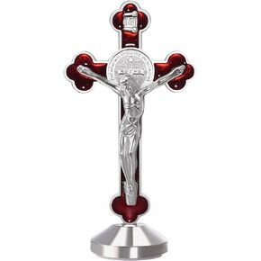 2Pcs 3 Inch Alloy Enamel Saint Benedict Standing Crucifix Luminous Glow in The Dark Crucifix Wall Cross with Sticker on bottom to stick on Table Top,Car or Home Alter