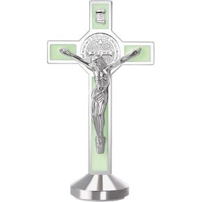 2Pcs 3 Inch Alloy Enamel Saint Benedict Standing Crucifix Luminous Glow in The Dark Crucifix Wall Cross with Sticker on bottom to stick on Table Top,Car or Home Alter