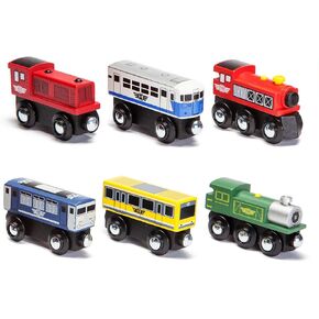 Wooden Train Engines and Cars, Rolling Locomotive Engines with Magnetic Links for Pulling Wooden Rail Cars, Compatible with Major Brand Wooden Railway, 6 Pcs Set