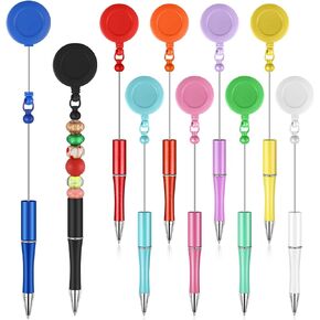 10 Pcs Beadable Pens Black Ink Bead Pens DIY Pens Retractable Badge Reel Pen Ballpoint Pull Clip Pen for Waitress Nurse Office Worker Student Teacher School Classroom Gift Supplies, 10 Colors