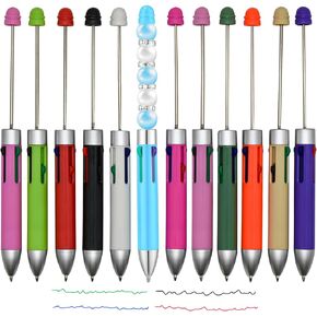 Maydahui 12PCS Multicolour Beadable Ballpoint Pens Retractable 4 in 1 Colored Bead Pen Plastic DIY Pens Cool Shaft Beaded Pen for DIY Making School Party Office(Beads Not Included)