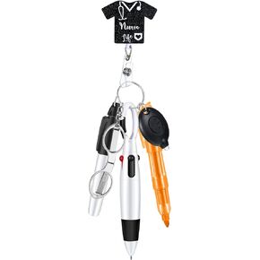 6 Pcs Nurse Badge Accessories Include Permanent Marker Pen, Highlighter, Retractable Ball Pen, Badge Clip Retractable, Foldable Scissors, LED Flashlight Keychain for Nurses Week(Black)