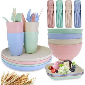 طقم أواني طعام من قش القمح غير القابل للكسر مكون من 4 أوعية خفيفة الوزن من Farielyn-X مع أطباق وأكواب وسكاكين وشوك وملاعق للتخييم والنزهات، وأطباق وأطباق آمنة للاستخدام في الميكروويف في غسالة الأطباق، للأطفال والكبار in Kuwait