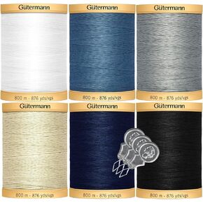 خيط Gutermann من القطن الطبيعي (876 ياردة/800 متر لكل قطعة) حزمة مكونة من 6 قطع مع 3 خيوط إبر من Bella's Crafts (مزيج مشرق)
