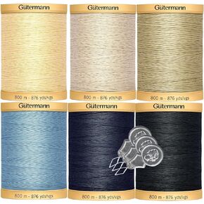 Gutermann Natural Cotton Thread (876yd/800m each) 6-Pack Bundle with 3 Bella's Crafts Needle Threaders (Americana)
