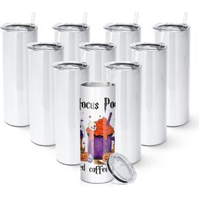 AGH 10 Pack Sublimation Tumblers Blank 20 OZ Straight Skinny Tumbler with Straw, Stainless Steel Double Wall Insulated Tumbler for Tumbler Press Machine