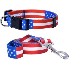 American Flag Dog Collar and Leash Set | Patriotic USA Matching Puppy Leash and Collars for 4th of July | Red White and Blue Designer Pattern for Male or Female (Small)