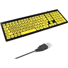 HXMJ-Large Print Computer Keyboard | Quiet Scissor Switch | Full Size | Wired USB High Contrast Keyboard with Oversized Letters for Seniors and Visually Impaired Low Vision Individuals-Yellow