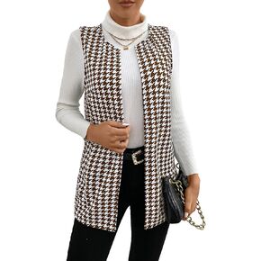WDIRARA Women's Sleeveless Houndstooth Open Front Elegant Vest Jacket Long Coat