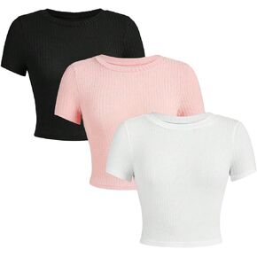 OYOANGLE Girl's 3 Piece Summer Casual Short Sleeve T-Shirt Set Ribbed Knit Crew Neck Tee Tops