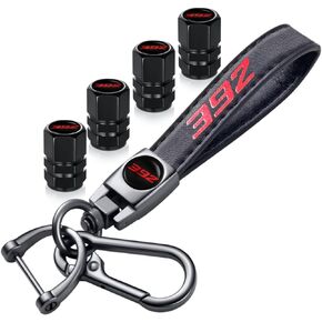 Tire Valve Stem Caps and Genuine Leather Car Keychain Keyring Compatible with Challenger Dakota Charger SRT 392 Avenger Durango Accessories (392)