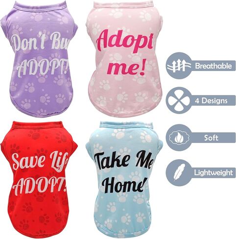 4 Pack Small Dog Shirts Adopt Me Vest for Medium Dogs Paw Printed Cats Puppies Tank Top Tee Cute Soft Clothes Pet Sleeveless T-Shirts Doggies Girl Boy Pink Blue Small in Saudi Arabia