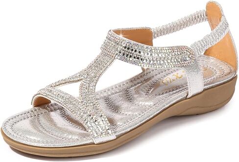 HNGHOU Sandals for Women Flats Shoes with Bohemian Rhinestone Comfortable Womens Beach Sandal Elastic Ankle Strap Slip On Summer Sandal in Kuwait