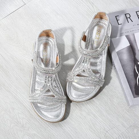 HNGHOU Sandals for Women Flats Shoes with Bohemian Rhinestone Comfortable Womens Beach Sandal Elastic Ankle Strap Slip On Summer Sandal in Kuwait