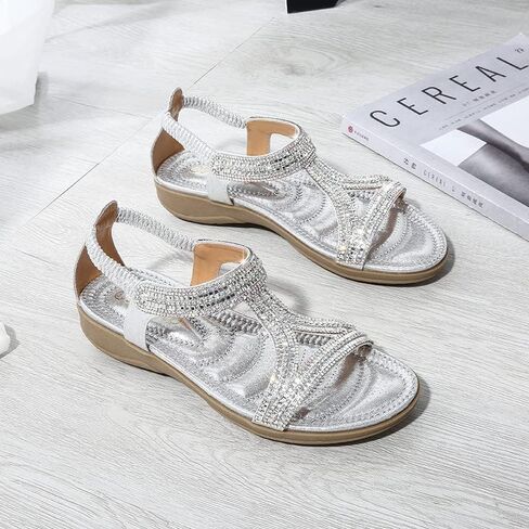 HNGHOU Sandals for Women Flats Shoes with Bohemian Rhinestone Comfortable Womens Beach Sandal Elastic Ankle Strap Slip On Summer Sandal in Kuwait