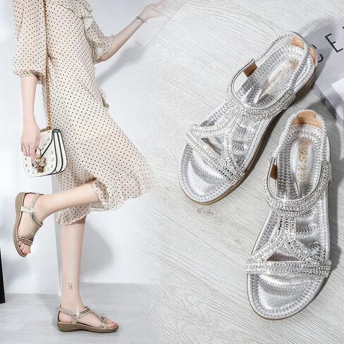 HNGHOU Sandals for Women Flats Shoes with Bohemian Rhinestone Comfortable Womens Beach Sandal Elastic Ankle Strap Slip On Summer Sandal in Kuwait