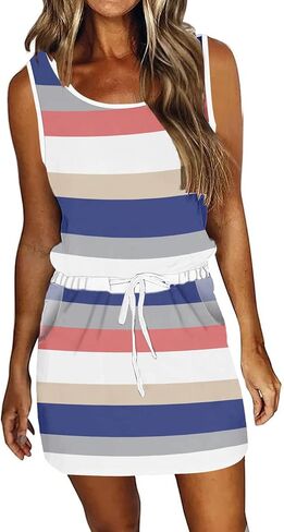 AUSELILY Womens Summer Dress 2024 Sleeveless Casual Drawstring Waist Short Swing Dresses with Pockets in Saudi Arabia