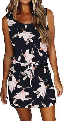 AUSELILY Womens Summer Dress 2024 Sleeveless Casual Drawstring Waist Short Swing Dresses with Pockets in Saudi Arabia