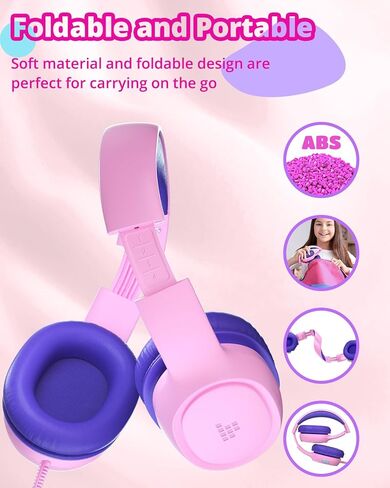 Tronsmart Kids Headphones KH01 Foldable Safety Volume 85/93dB Over-Ear Girls Boys Headphones for Kid HD Stereo 3.5mm Jack Wired Kids Headphones for Boys/Girls/School/Kindle/Travel/Tablets (Pink) in Kuwait