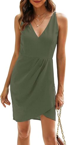 Manydress Women's Bodycon Sleeveless Deep V Neck Summer Dress Wrap Ruched Cocktail Party Mini Dresses MY062 in Saudi Arabia