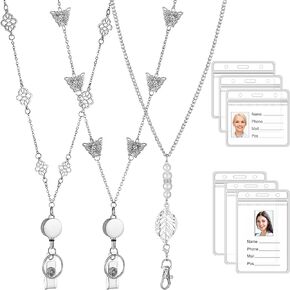 3 Pcs Badge Lanyard Necklaces Set,3 Pcs Retractable Badge Reel Lanyard Women Stainless Steel Chain with Buckle and 6 Transparent Waterproof ID Holder for Nurse Office Worker, Butterfly, Leaf Shape