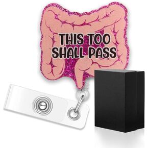ERHACHAIJIA This Too Shall Pass Retractable Red Glitter Badge Reel with Alligator Clip, Funny Colon Organ ID Card Badge Holder Gift for Nurses Doctors Endoscopy RN Surgery Internal Medicine Nurse