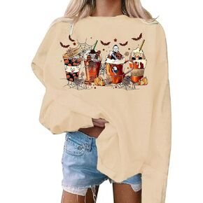 VKEGNIO Halloween Sweatshirt Women Horror Movie Pumpkin Coffee Graphic Sweatshirts Halloween Shirts Fall Crewneck Sweatshirt